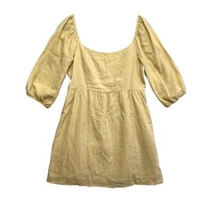 Every Mini Dress Medium Mustard Yellow Ramie Blend Square Neck Puff Sleeve